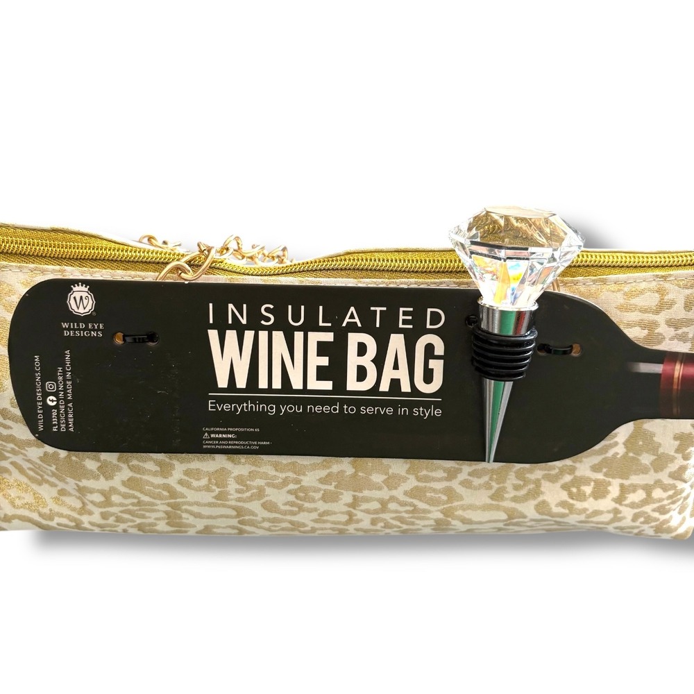 Wild Eye Designs Insulated Wine Bag Leopard Print Gold Chain Rhinestone Stopper - Picture 2 of 8